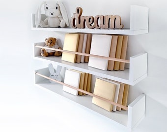 White Floating Shelves Nursery, Scandinavian Shelves for Girls Room, Cute Floating Shelf with Rod, Wall Bookshelf Kids, White Bookshelves