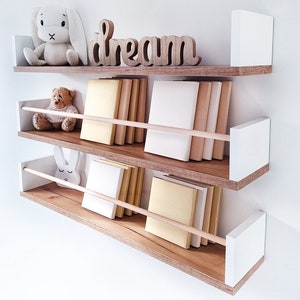 Oak Floating Shelves Nursery, Scandinavian Shelves for Girls Room, Cute Floating Shelf with Rod, Wall Bookshelf Kids, Oak Bookshelves