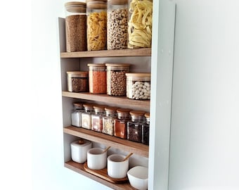 White oak Hanging Spice Rack, Wall Mount Spice Shelf, Large Spice Rack for Wall, Floating Farmhouse Kitchen Spice Rack, Wall Spice Holder