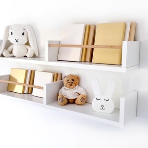 White Floating Shelves Nursery, Scandinavian Shelves for Girls Room, Cute Floating Shelf with Rod, Wall Bookshelf Kids, White Bookshelves