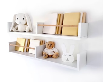 White Floating Shelves Nursery, Scandinavian Shelves for Girls Room, Cute Floating Shelf with Rod, Wall Bookshelf Kids, White Bookshelves