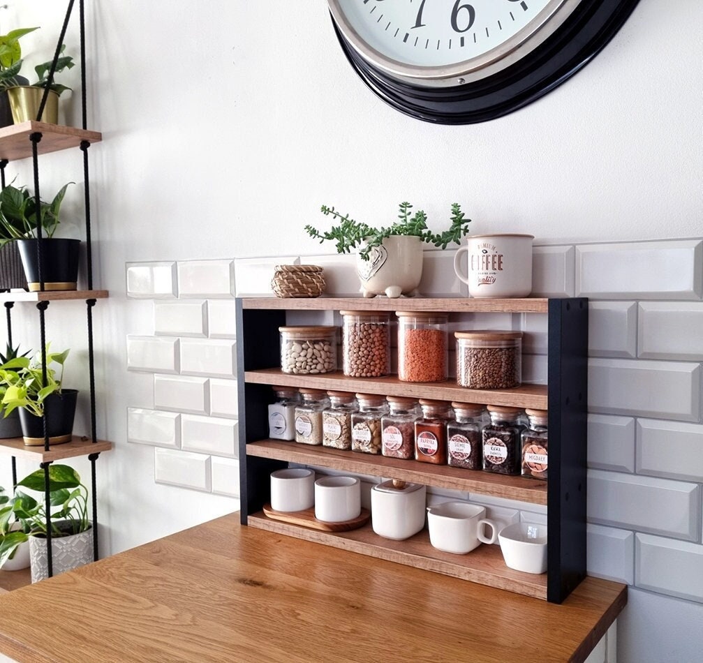 Kitchen Counter Shelf, Countertop Spice Rack, Kitchen Countertop Shelf, Shelf Rack Counter Top Organizer, Modern Farmhouse Kitchen Decor