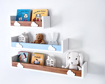 Floating Shelves Nursery, Scandinavian Shelves for Girls Room, Cute Floating Shelf with Rod, Wall Bookshelf Kids, White Bookshelves