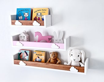 Schwimmendes Regal Kinderzimmer, skandinavisches Regal für Mädchen, süßes schwebendes Regal mit Stange, Wand-Bücherregal Kinder, weiße Bücherregale