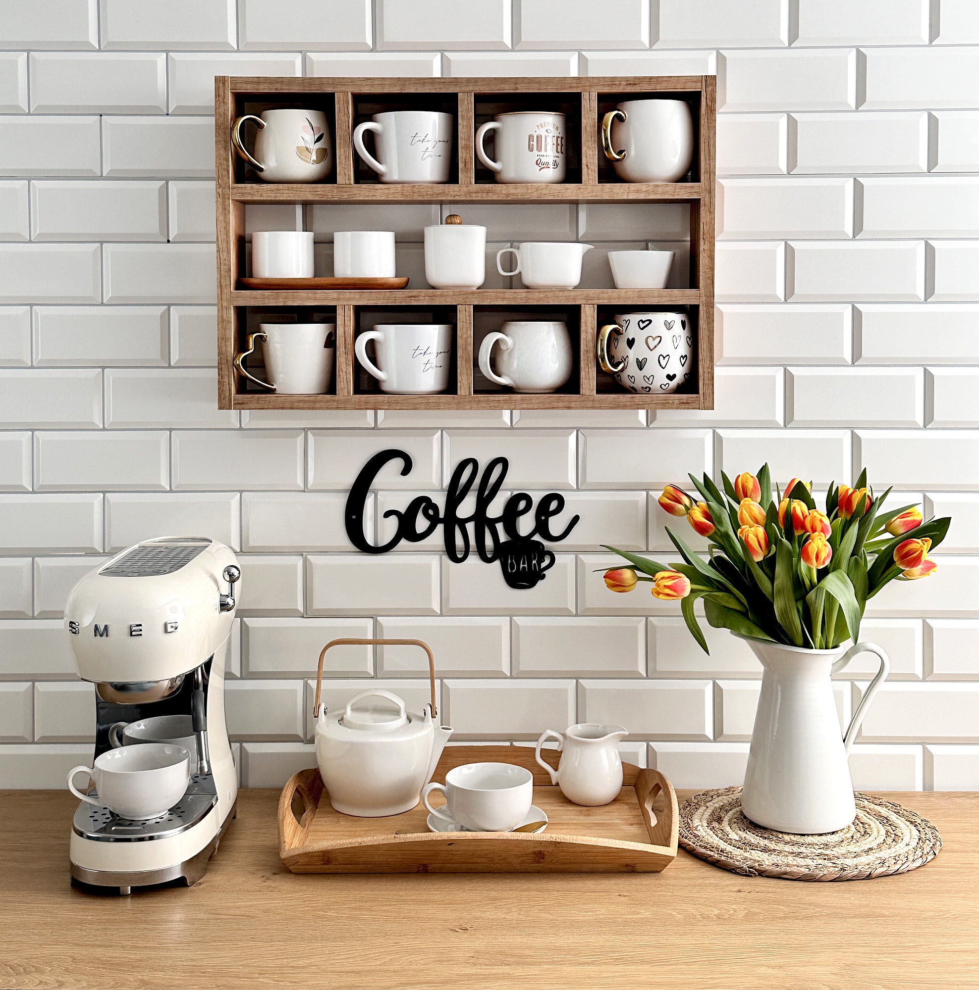 Porte-tasses En Bois Avec 6 Crochets - Support De Rangement Mural Multifonction, Base épaisse Stable, Couleur Noir - 10