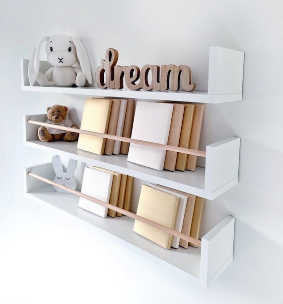 White Floating Shelves Nursery Scandinavian Shelves for Girls Room Cute Floating Shelf With Rod Wall Bookshelf Kids White Bookshelves Etsy UK