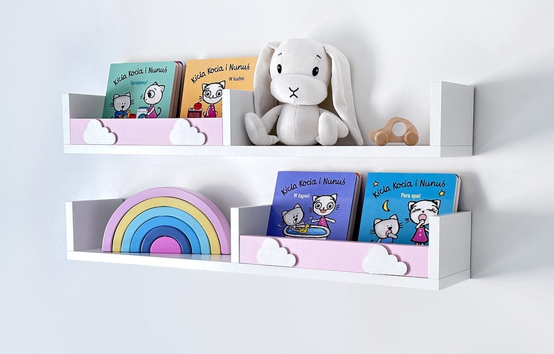 Pink Floating Shelves Nursery, Scandinavian Shelves for Girls Room