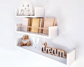 White Floating Shelves Nursery, Scandinavian Shelves for Girls Room, Cute Floating Shelf with Rod, Wall Bookshelf Kids, White Bookshelves