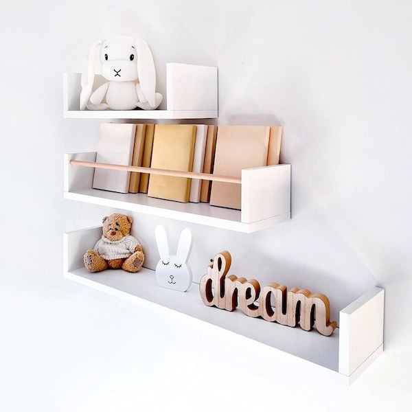 Weißes schwebendes Regal Kinderzimmer, skandinavisches Regal für Mädchen, niedliches schwebendes Regal mit Stange, Wand-Bücherregal Kinder, weiße Bücherregale