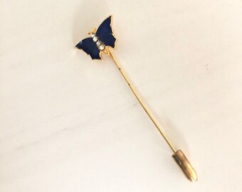 Adorable vintage butterfly stick pin blue enamel with four rhinestones gift for entomologist