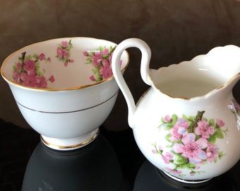 Vintage New Chelsea Staffs English bone china cream and sugar set Cherry Blossoms