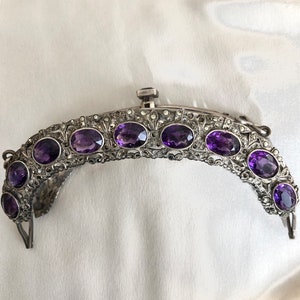 Exquisite antique gilded age gemstone encrusted amethyst Victorian 800 silver purse frame February birthstone