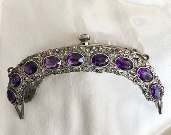 Exquisite antique gilded age gemstone encrusted amethyst Victorian 800 silver purse frame February birthstone