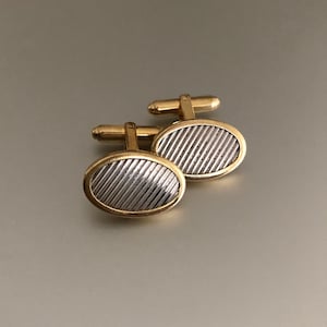 Vintage modern sterling silver stripe oval goldtone classic cufflinks mens gift father&#39;s day