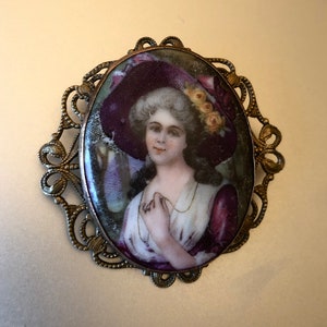 Antique Victorian Extraordinary Large Hand Painted Portrait Porcelain Brooch Rare