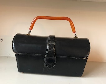 Rare vintage handbag 1950's black leather box style top handle