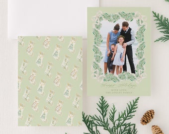 PRINTED personalized family photo Christmas Card with watercolor garland