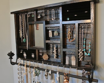 JEWELRY ORGANIZER - Rustic Wood Jewelry organizer with Mirror  FREE Shipping!!