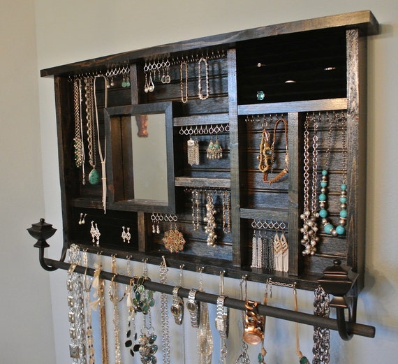 JEWELRY ORGANIZER  Rustic Wood Jewelry Organizer With Mirror - Etsy