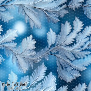 May include: A seamless pattern featuring stylized, feathery branches in shades of white and light blue against a darker blue background with a subtle chevron pattern. The text "Better Call Moll CRAFT SHOP" is visible in the lower left corner.