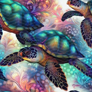 May include: A vibrant, colourful illustration of three sea turtles swimming in a swirling, abstract background. The turtles are painted in shades of blue, green, and purple, with iridescent details. The background features a mix of pink, orange, and yellow hues, creating a sense of movement and depth.