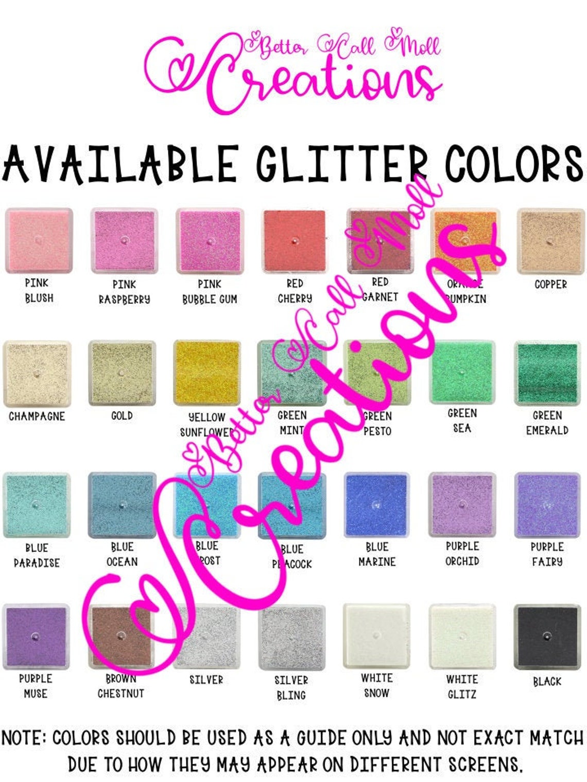 Glitter Color Chart for Print or Use in Etsy or Online Shop Etsy