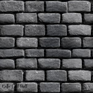May include: A seamless digital pattern featuring a brick wall design in shades of gray. The bricks have a textured appearance, with varying tones creating depth. The pattern includes the text "Bella Call Moll CRAFT SHOP" in the bottom left corner.