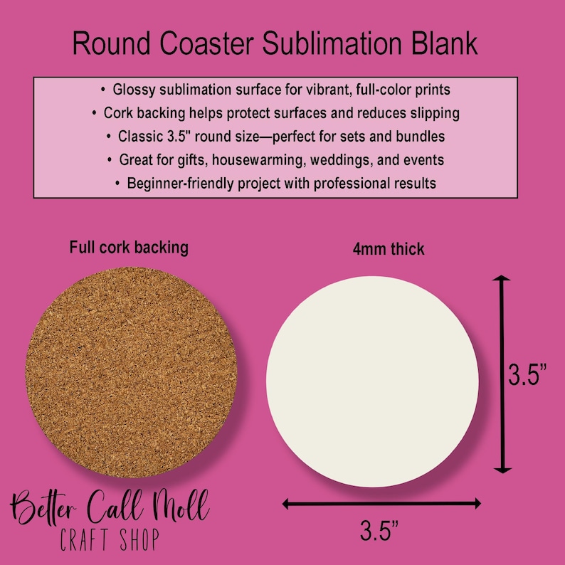 Set of 2 - 3.5 Inch Round Sublimation Coaster Blank, MDF Coaster with Cork Back, DIY Custom Drink Coaster Craft Supply imagem 2