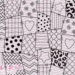 Könnte beinhalten: Ein Patchwork-Design mit verschiedenen Mustern, darunter Punkte, Herzen, Sterne und Leopardenmuster, schwarz umrandet. Das Design enthält rosa Zickzacklinien und den Text "Better Call Moll CRAFT SHOP".