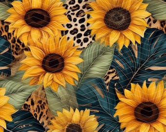 Jungle Sunflowers Seamless Pattern PNG | Digital Download