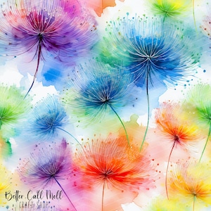 May include: Watercolor painting of colorful dandelion-like flowers in shades of purple, blue, green, orange, and yellow. The flowers have delicate, feathery petals and long, thin stems. The background is a soft, blended wash of colors. The text "Better Call Moll Craft Shop" is in the bottom left corner.