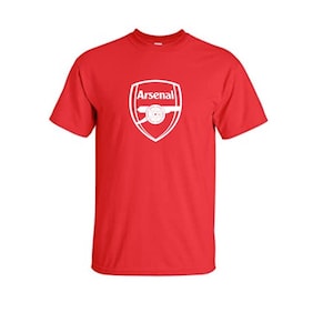 May include: Red t-shirt with the Arsenal logo printed on the front. The logo is a white shield with the word "Arsenal" above a cannon. The shirt is made of a comfortable fabric.