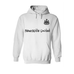 May include: White hooded sweatshirt with the text "Newcastle United" in black, along with a team crest on the upper right chest. The sweatshirt has a front pocket and a drawstring hood.