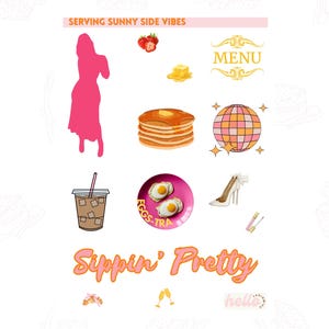 Foglio di adesivi "Serving Sunny Side Vibes" - Adesivi estetici per il brunch / Mimose, palla da discoteca, uova, lucidalabbra, pancake