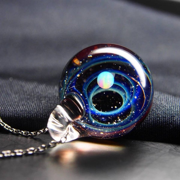 Cosmic Milky Way Glass Galaxy Pendant Necklace, Astronomy Solar System Space Gemstone, Blue Universe Necklace Jewellery, Marble Lampwork