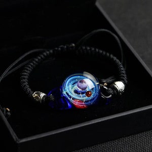 Red & Blue Galaxy Bracelet, Universe Bracelet Space Blown Glass, Glass Dome, Planet Stars, Twisted Space Glass Bracelet, Unique Gift Ladies