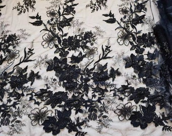 Black floral embroidered lace fabric, tulle retro French bridal lace fabric, vintage floral lace for wedding gown dress super quality lace