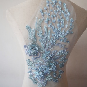 light blue 3D pair Applique, quality lace mix colors floral motif lace applique fabric for wedding lyrical dance costume ballet emblishment