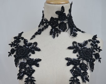 Black beaded lace applique, floral motif embroidered lace applique for wedding gown costume dress sewing supplies