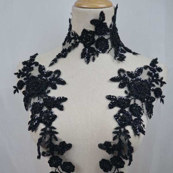 Aplique de encaje con cuentas negras, aplique de encaje bordado con motivos florales para vestido de novia, vestido de disfraz, suministros de costura