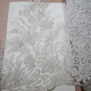 light silver gray embroidered lace trim, sequins bridal veil lace, scalloped floral motif alencon lace for wedding gown hem emblishment