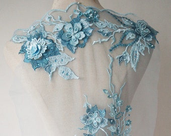 lake blue 3D flowers lace fabric, light blue beaded Lace Applique fabric for costume dress sewing accessories