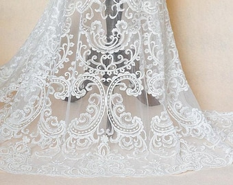 ivory white black beaded lace fabric by the yard, vintage motif heavy beaded embroidered bodice lace for wedding gown dress accessories