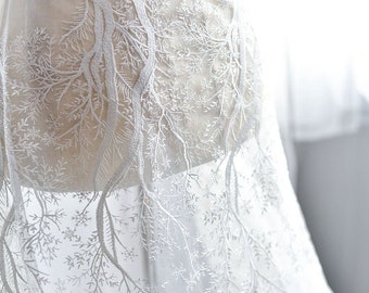 off white tulle lace fabric by the yard, leaf branches motif embroidered wedding dress fabric, ivory bridal tree embroidery lace