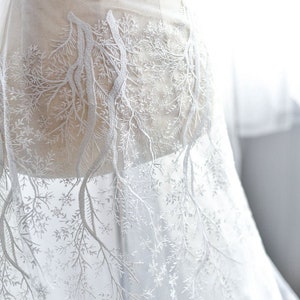 off white tulle lace fabric by the yard, leaf branches motif embroidered wedding dress fabric, ivory bridal tree embroidery lace