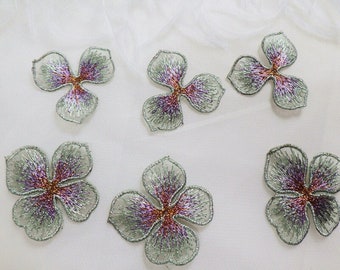 Green & purple flowers appliques, lace floral petal embroidered patches for bridal wedding costume gown dress sewing couture collection 2&#39;&#39;