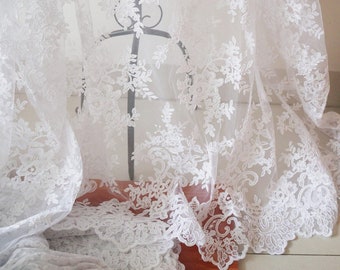 pure white embroidered lace fabric, Alencon cord retro floral French bridal lace fabric, vintage super fine lace for wedding gown dress