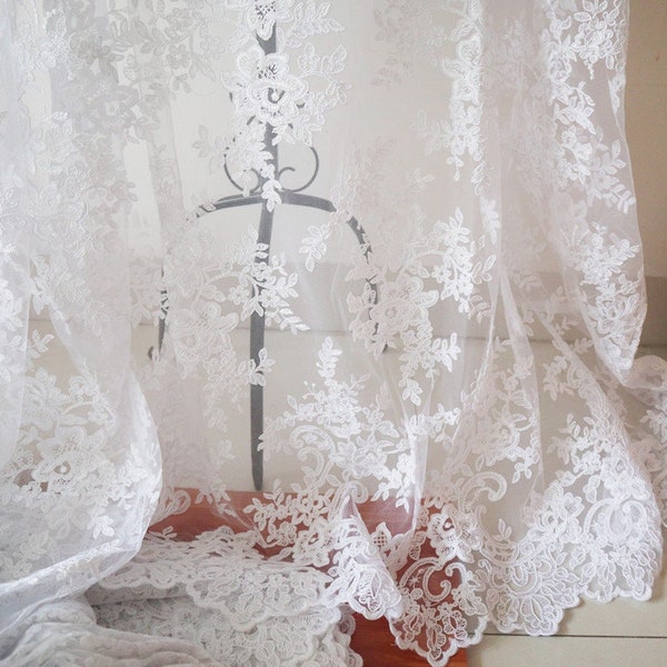 tissu de dentelle brodé blanc pur, tissu de dentelle de mariée floral français rétro cordon d'Alençon, dentelle super fine vintage pour robe de mariée