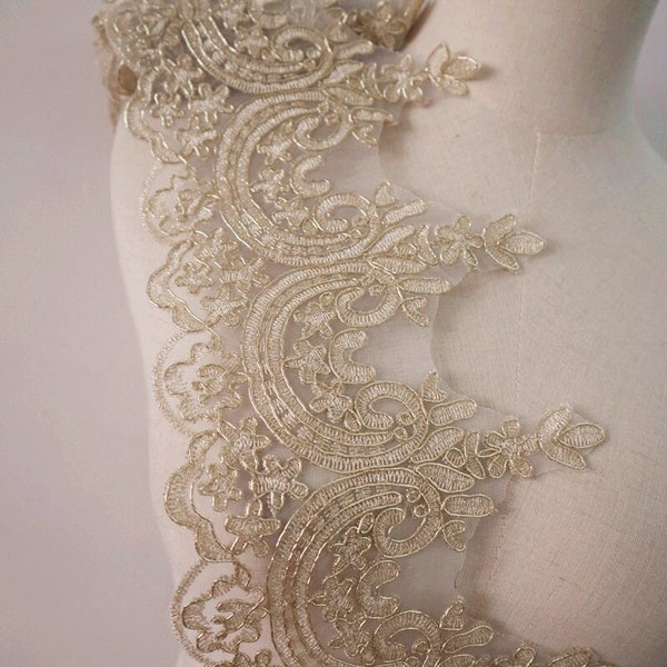 champagne gold lace trim, light gold Alencon lace trimming, embroidery floral cord lace trims by yard, venise guipure wedding dress edging
