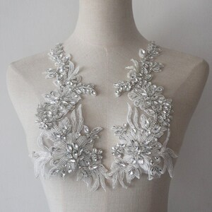 Silver Rhinestone Applique, Bridal Bodice beaded Lace Applique, Silver Crystal shoulder straps sash headpiece appliques
